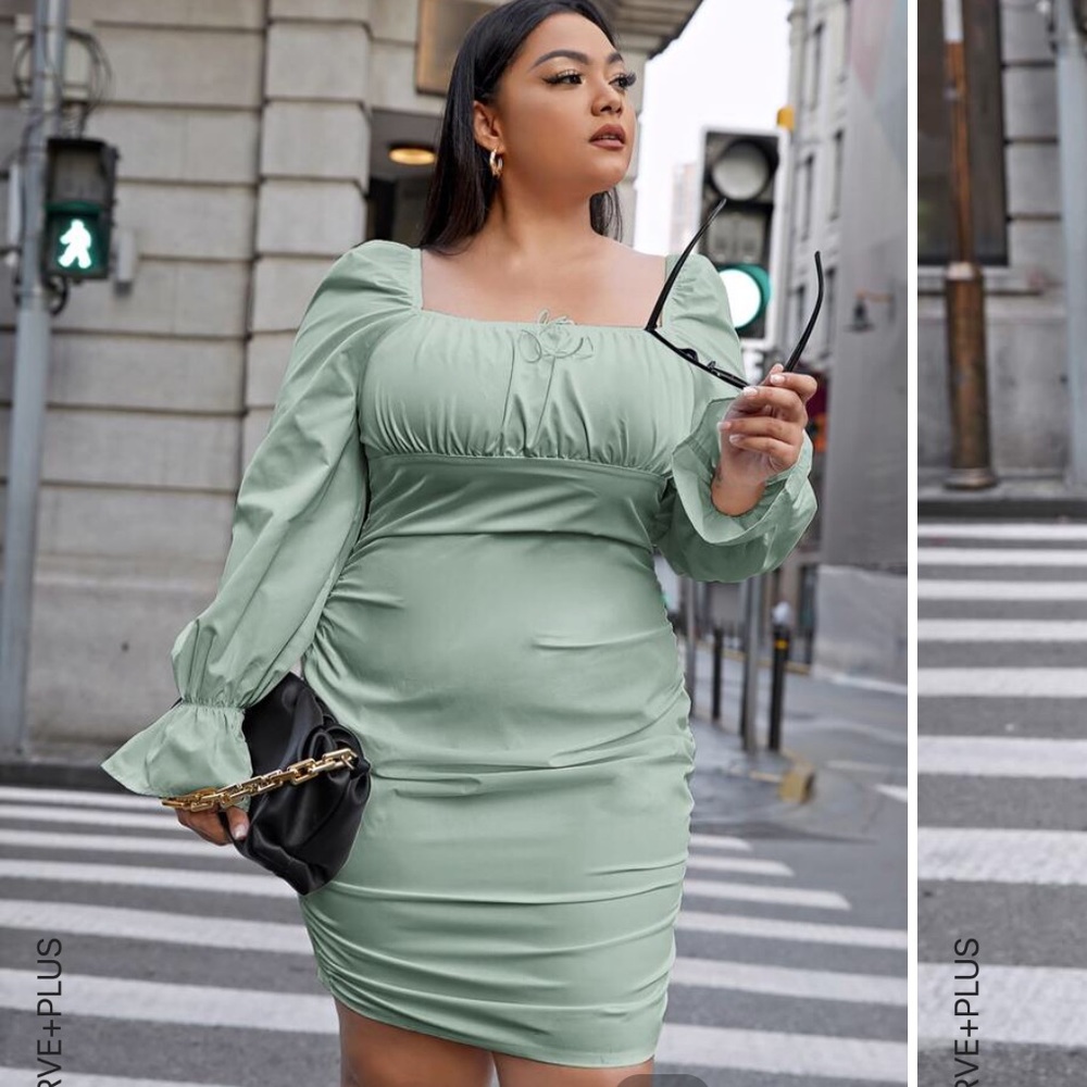 Plus Flounce Sleeve Ruched Bust Dress SHEIN curve